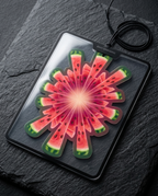 A rectangular black light box with a clear lid displaying a watermelon-patterned LED light panel, photographed on a dark slate surface with a black power cord attached.