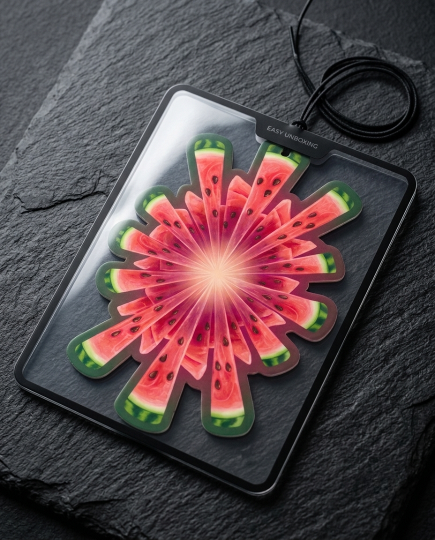 A rectangular black light box with a clear lid displaying a watermelon-patterned LED light panel, photographed on a dark slate surface with a black power cord attached.