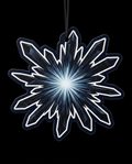 A snowflake-shaped hanging ornament with a glowing white and light-blue center and dark blue outer edges, shown against a solid black background.