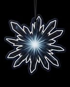 A snowflake-shaped hanging ornament with a glowing white and light-blue center and dark blue outer edges, shown against a solid black background.