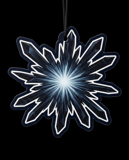 A snowflake-shaped hanging ornament with a glowing white and light-blue center and dark blue outer edges, shown against a solid black background.