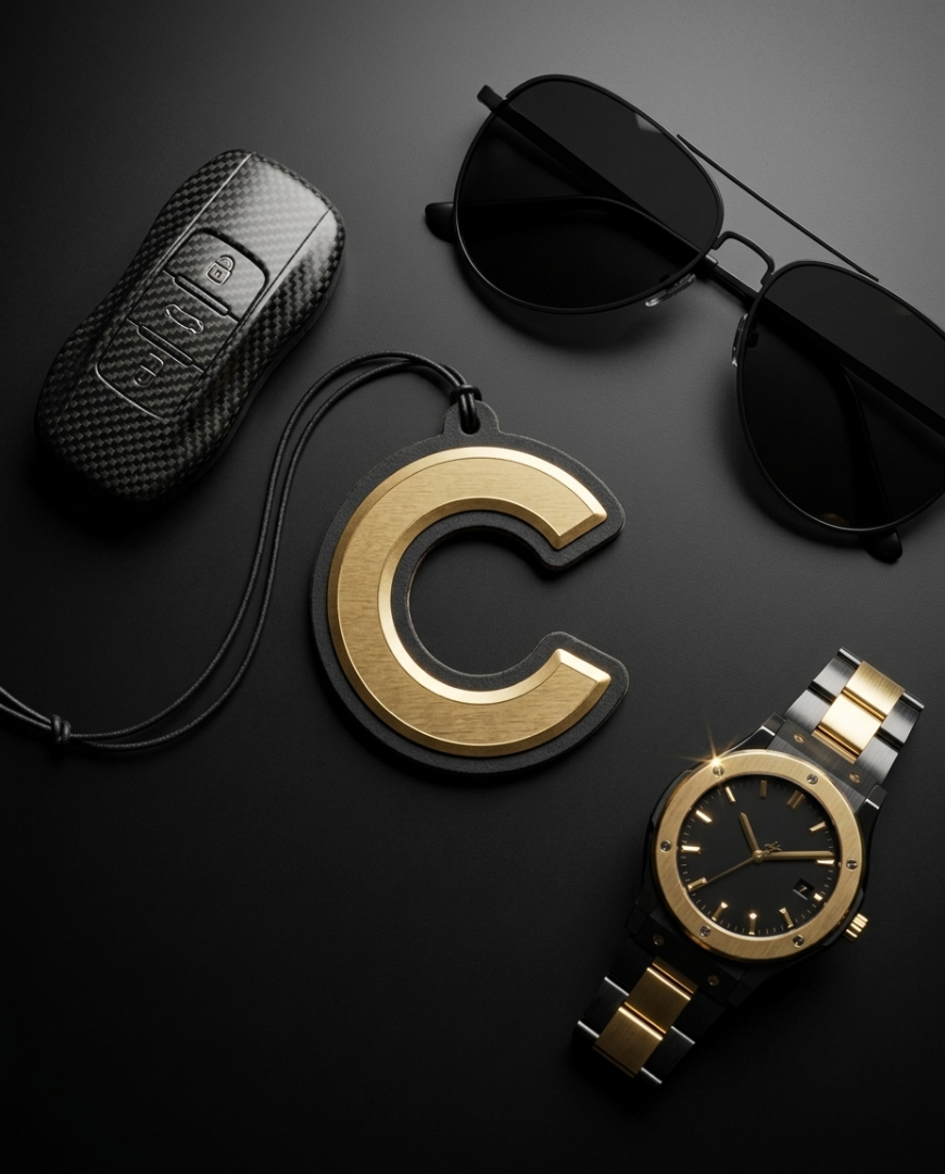 A luxury flat-lay arrangement on a dark background featuring a gold and black letter 'C' keychain, a black carbon fiber car key case, black sunglasses, and a gold and silver metal link watch.