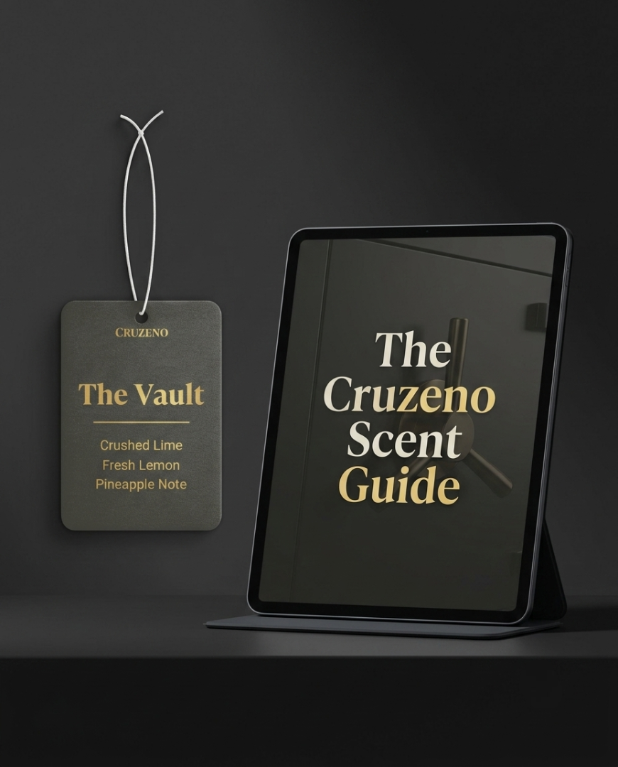 Cruzeno product tag and tablet with 'The Cruzeno Scent Guide' on a dark background