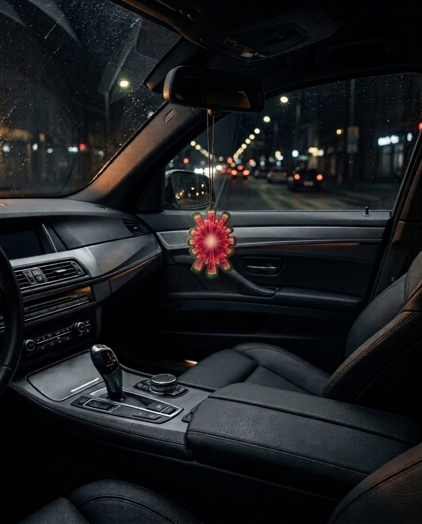 A red and gold flower-shaped car air freshener hangs from the rearview mirror inside a dark car interior at night.