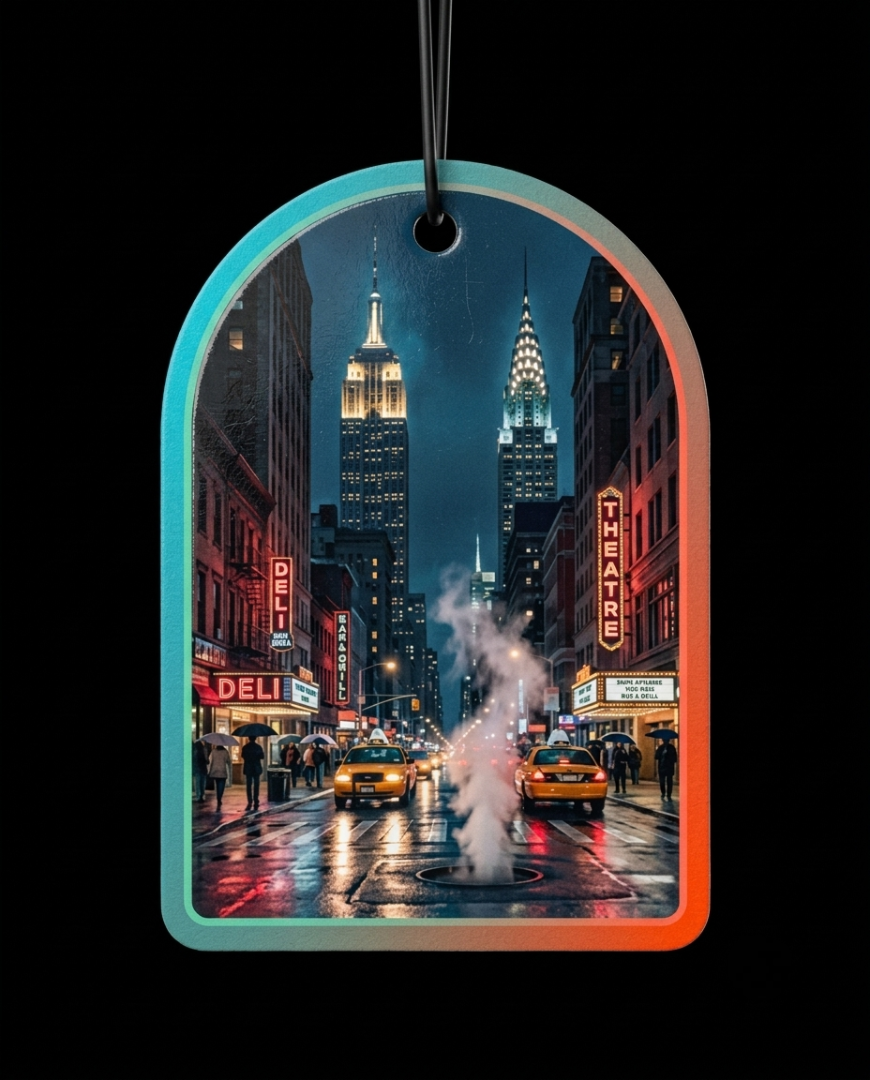 A dog-tag-shaped ornament featuring a colorful New York City street scene at night with illuminated skyscrapers, yellow cabs, pedestrians, and neon signs, shown against a black background.