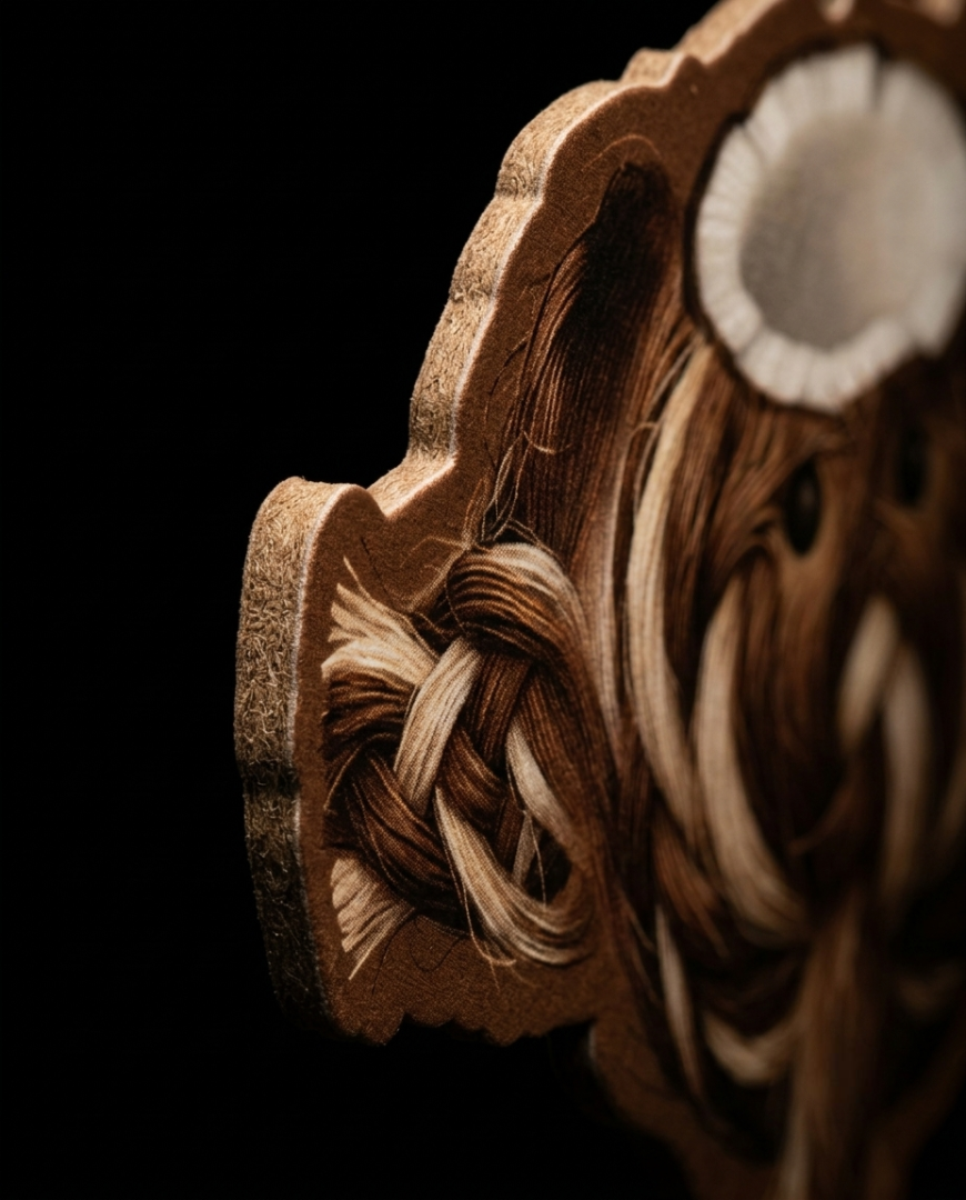 A close-up of a decorative wooden object with carved details and braided hair or fiber elements, shown against a solid black background.