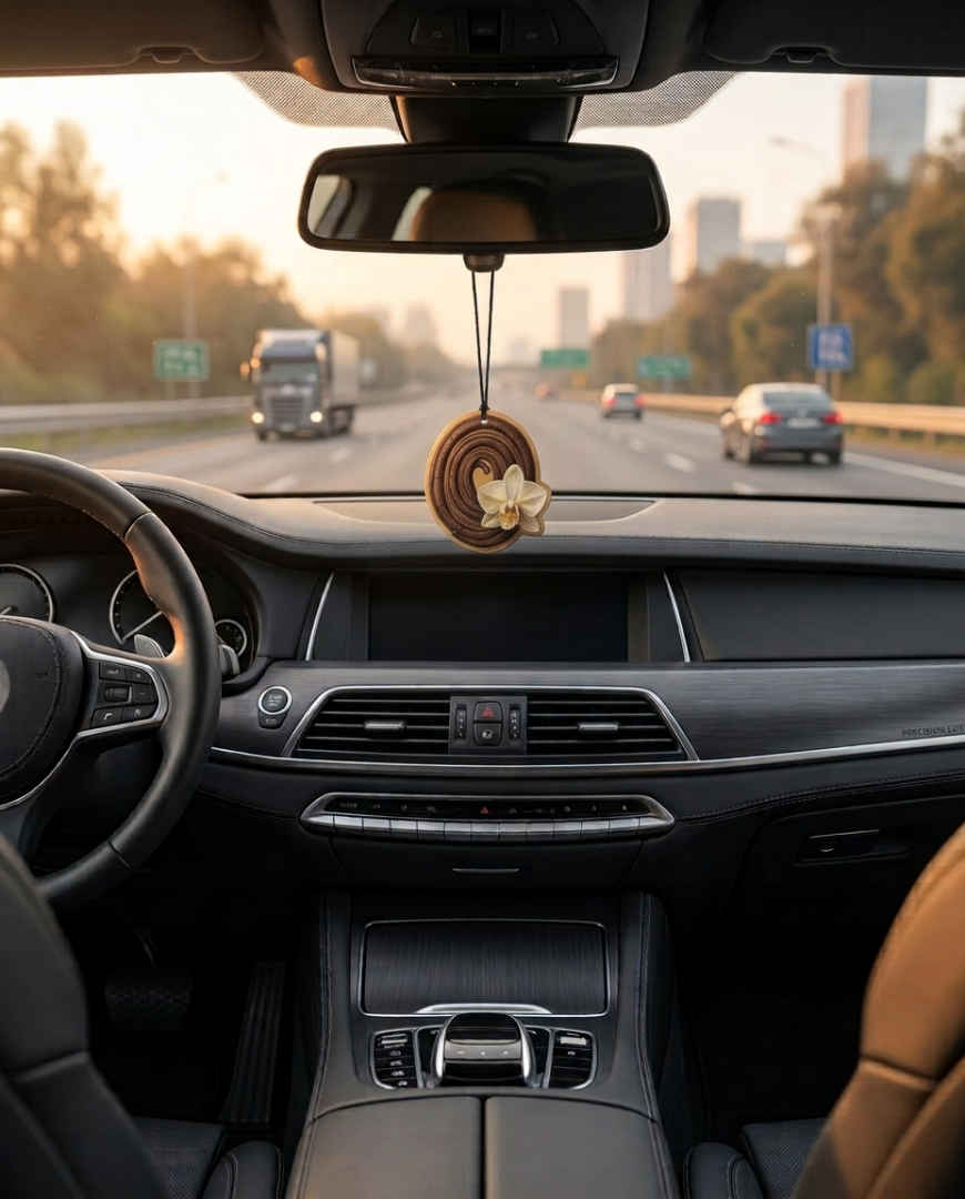 A brown spiral-shaped car air freshener with a small white flower hangs from the rearview mirror inside a car cabin, with the dashboard, steering wheel, and highway scenery visible in the background.