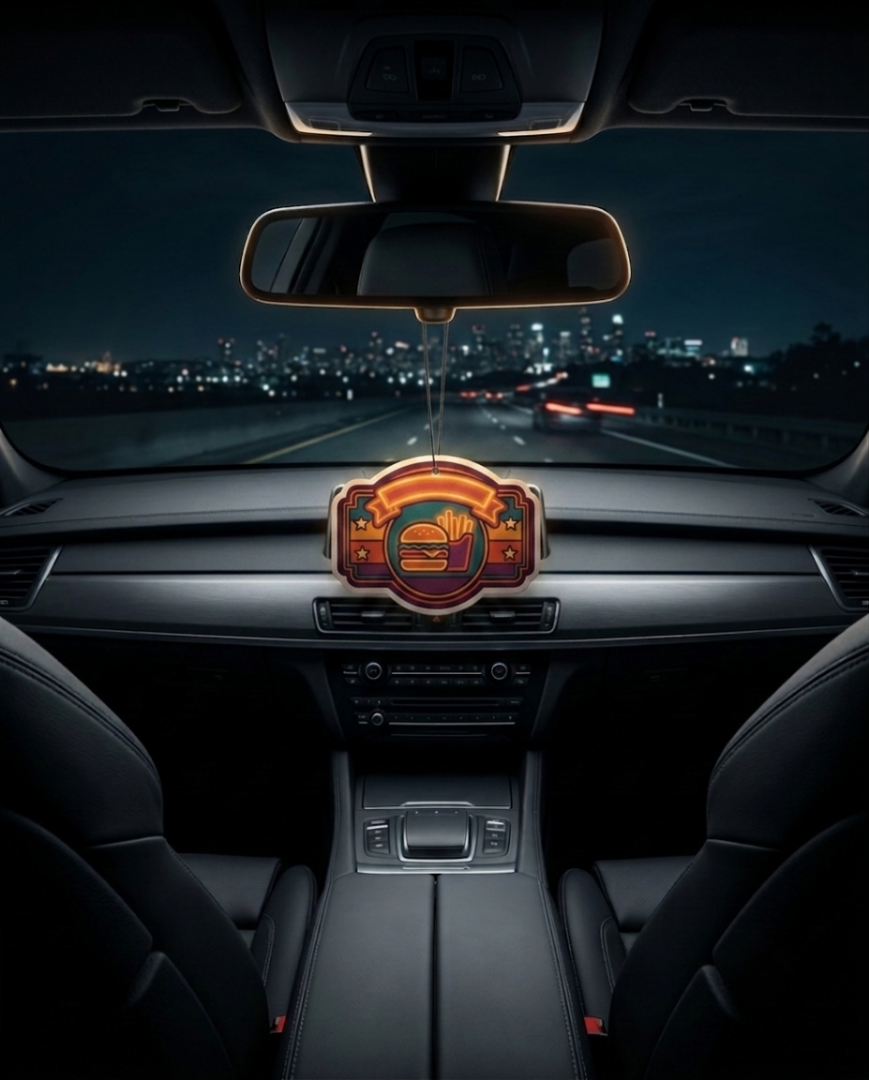 A decorative car air freshener or dashboard ornament hanging in the center console of a car interior at night, with a city skyline visible through the windshield. The ornament has a glowing amber and orange design with a stylized emblem in the middle.