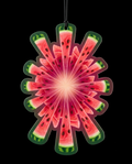A watermelon-themed starburst-shaped hanging ornament or air freshener charm on a black background. The design mimics sliced watermelon with red-pink flesh, green rind, and black seeds, with a black hanging string at the top.