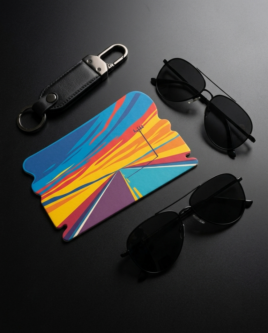 A colorful, geometric-shaped card holder or wallet with a vibrant abstract sunset pattern, styled in a flat-lay arrangement with a black leather keychain and two pairs of black sunglasses on a dark gray background.