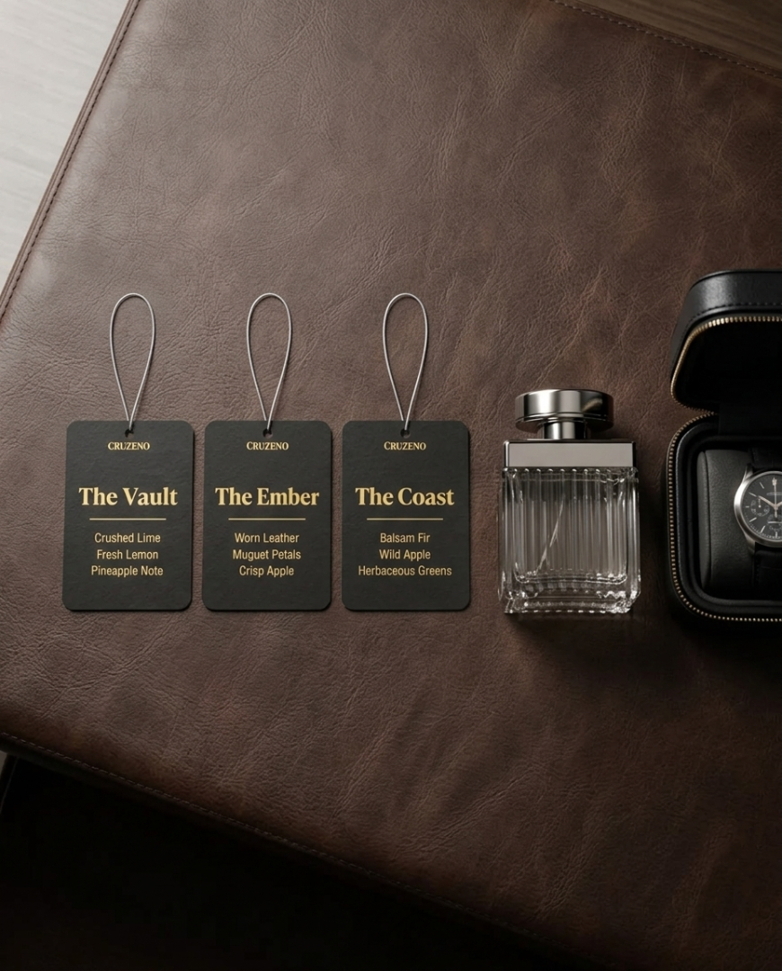 Three black leather fragrance gift tags labeled 'The Vault', 'The Ember', and 'The Coast' with gold text, displayed next to a clear glass perfume bottle and an open black watch box on a brown leather surface.