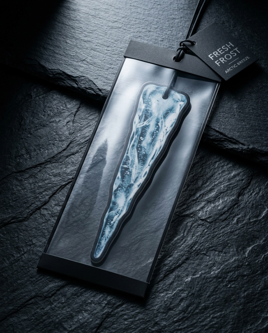 A long, tapered ice-like ornament or charm with swirling white and blue frost patterns, displayed inside a clear hanging package on a dark slate surface. The package has a black header card reading 'FRESH FROST Arctic Artisan'.