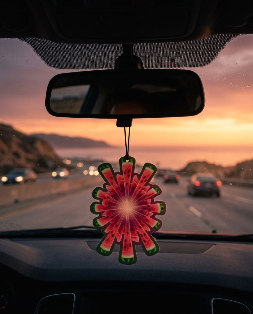 A watermelon-patterned car air freshener hangs from the rearview mirror on a highway at sunset, with blurred cars and hills in the background.