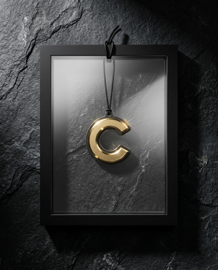 A polished gold letter 'C' pendant hanging from a black cord inside a black frame, set against a dark textured slate background.