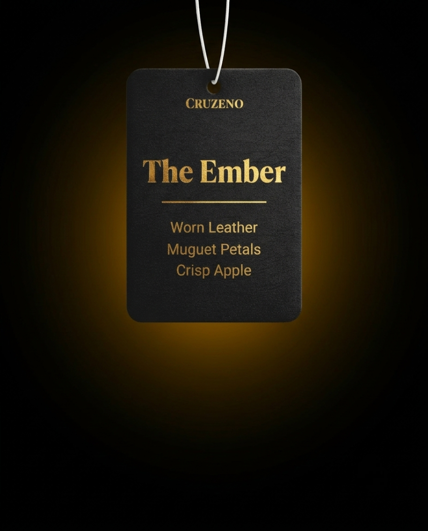 Black air freshener tag with 'The Ember' description on a dark background