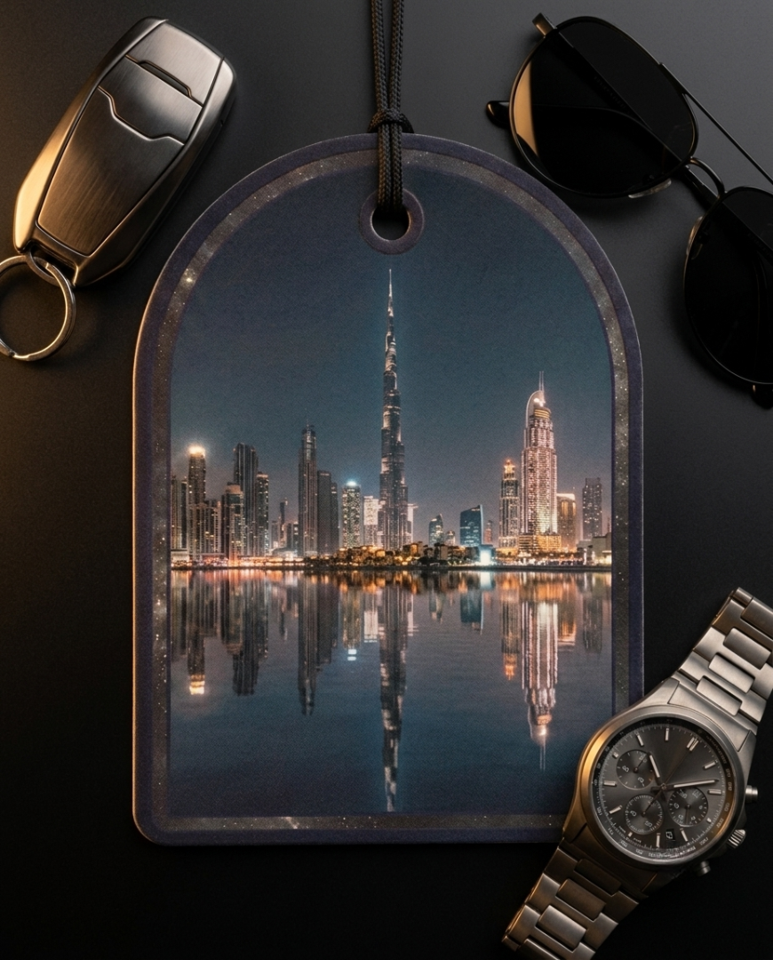 An arched luggage tag featuring a printed night view of the Dubai skyline with the Burj Khalifa reflected in water, styled on a dark surface with a car key, sunglasses, and a wristwatch nearby.