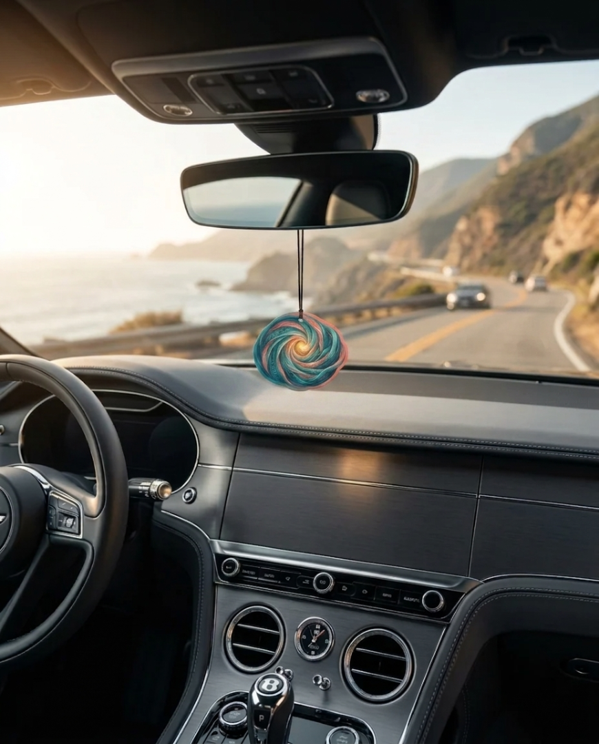 A colorful spiral-patterned car air freshener hangs from the rearview mirror inside a luxury car, with a scenic coastal road and ocean visible through the windshield.