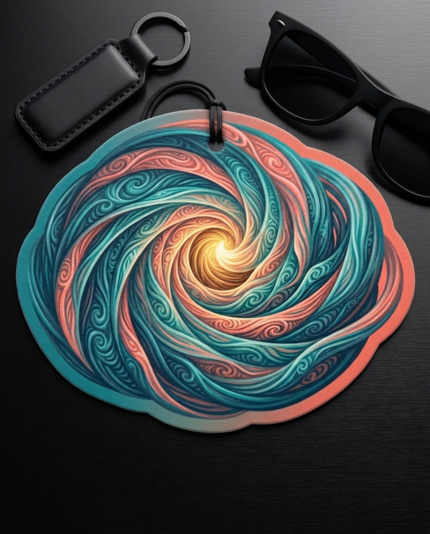 A scalloped circular keychain or bag charm featuring a vibrant swirling abstract pattern in teal, coral, and cream, styled on a dark wooden surface with a black leather key fob and black sunglasses.
