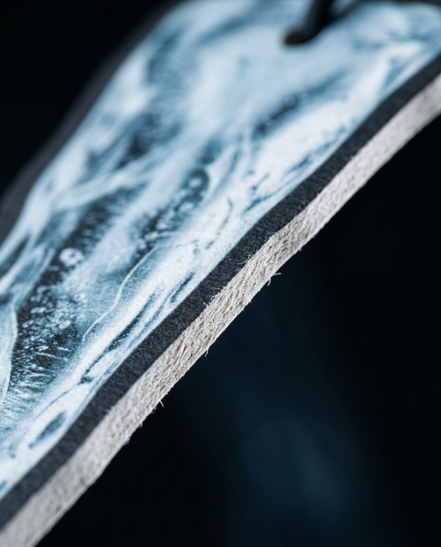 Close-up of a textured material sample with a marbled blue, white, and gray pattern, shown against a dark background.