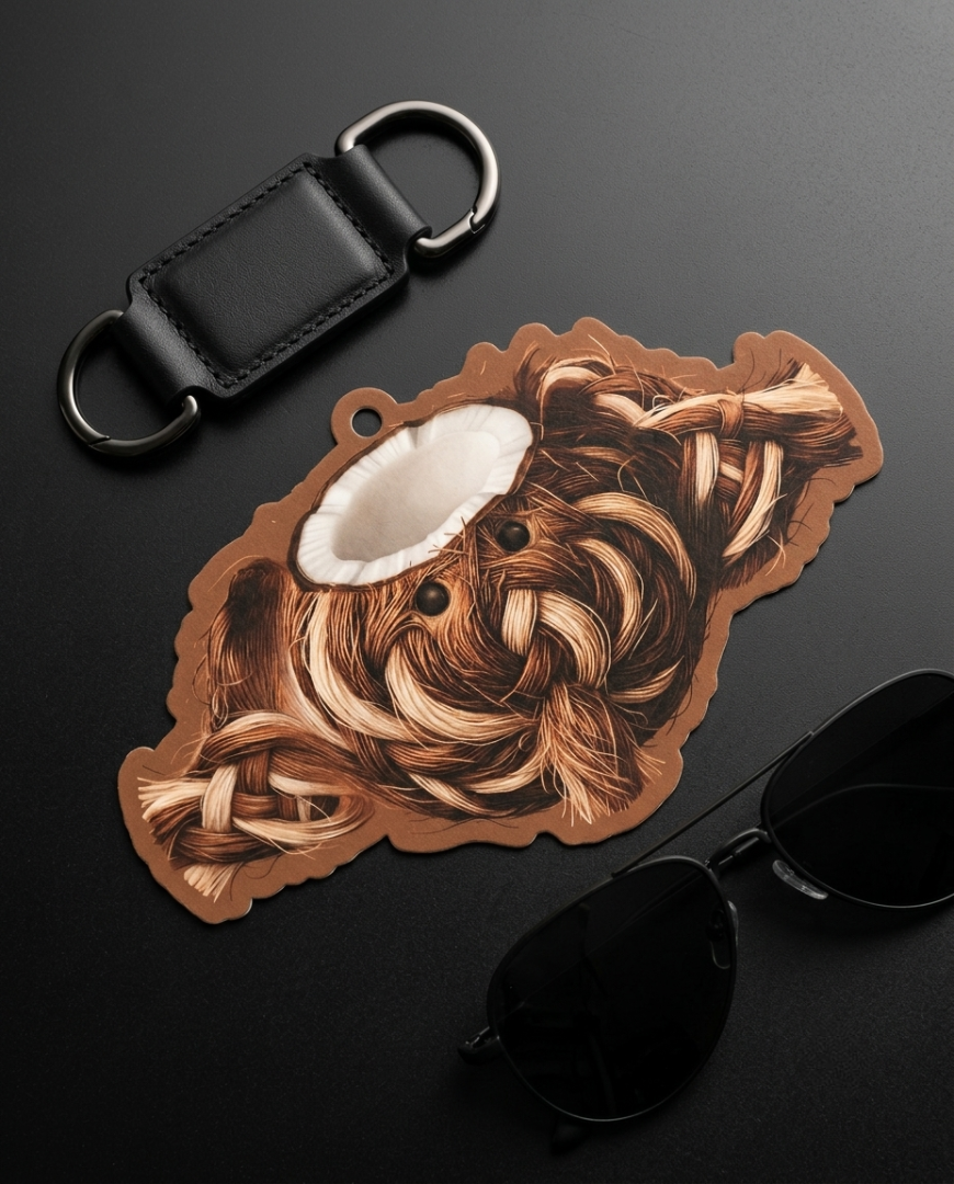 A die-cut sticker featuring a detailed illustration of braided brown hair with a white coconut cutout, styled on a dark background alongside a black leather keychain and black sunglasses.