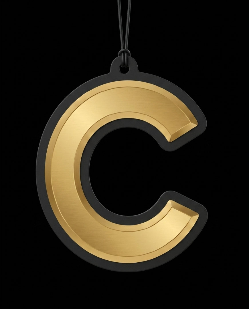 A hanging letter C ornament in brushed gold with a black border and black hanging loop, shown against a solid black background.