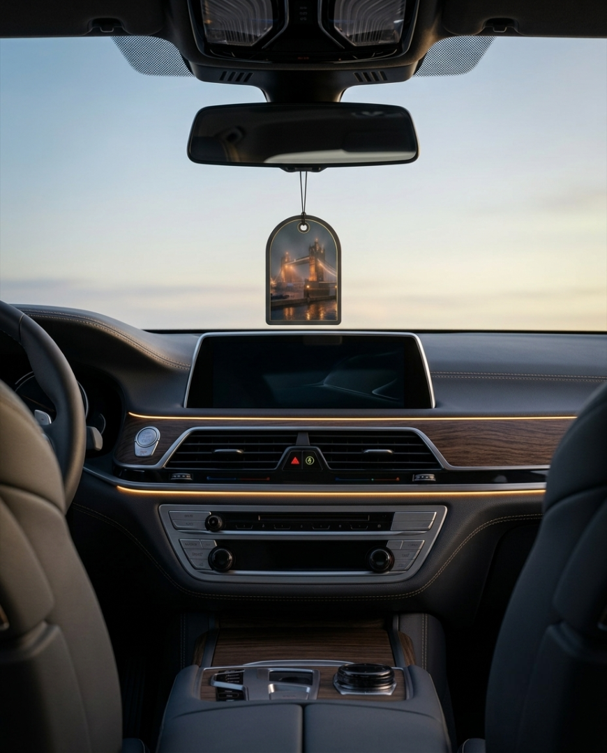 A car interior with a hanging ornament or air freshener featuring a sunset over water, suspended from the rearview mirror above the dashboard.