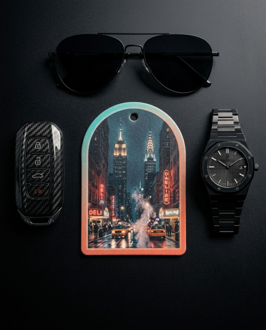 A styled flat-lay on a dark background featuring a black car key fob, black sunglasses, a black wristwatch, and a central arched tag or coaster printed with a New York City street scene at night.