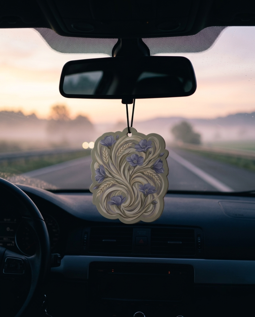 An ornate cream-colored car air freshener with purple floral details hangs from the rearview mirror inside a car, with a misty road at sunset visible through the windshield.