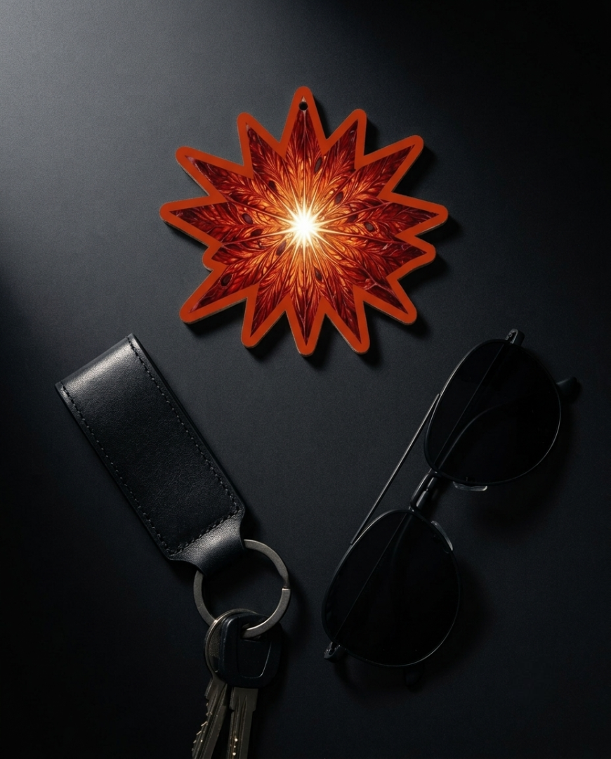 A starburst-shaped orange-red LED light with a glowing center, styled on a dark background next to a black leather keychain with keys and black sunglasses.