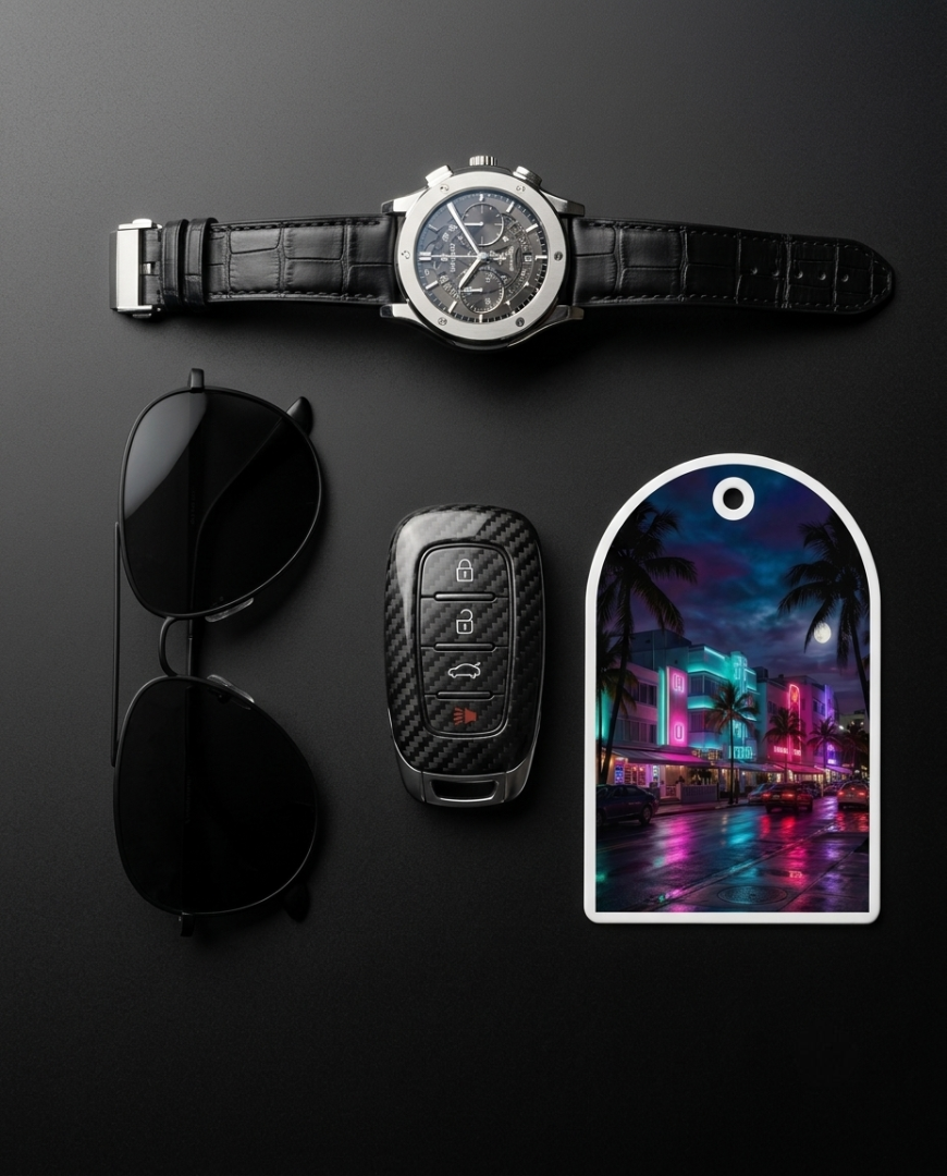 A luxury watch with a black alligator leather strap and silver-toned case, displayed alongside black aviator sunglasses, a carbon-fiber-look car key fob, and an arched metal tag featuring a colorful Miami Beach night scene, all arranged on a dark gray background.