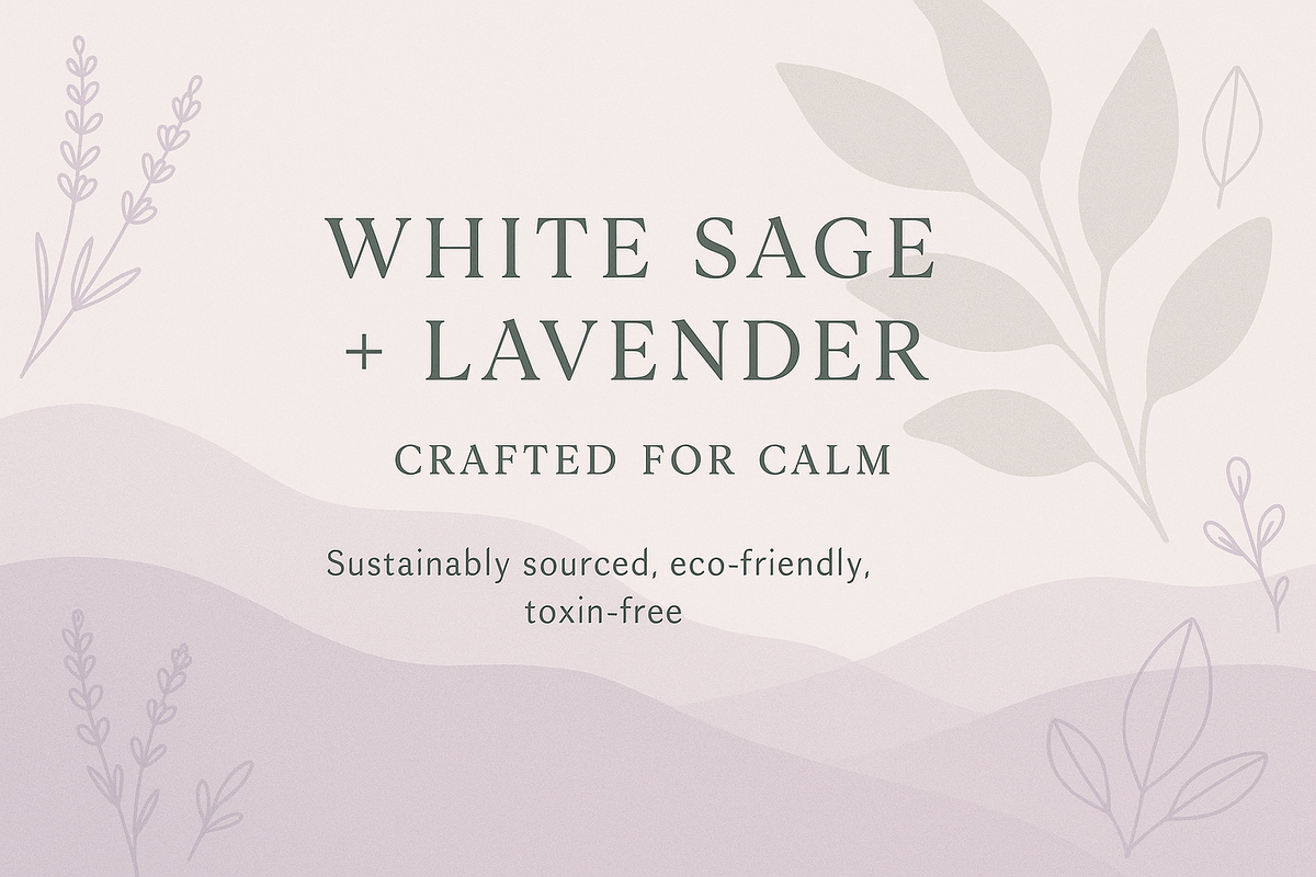 A minimal, calming lifestyle graphic in soft lavender and sage-green tones. Background shows abstract waves of lavender fields blending into silhouettes of sage leaves. Overlay elegant text: “White Sage + Lavender – Crafted for Calm” in refined typography, followed by smaller subtext: “Sustainably sourced, eco-friendly, toxin-free.” Add gentle botanical icons (lavender sprigs, sage leaf outlines) around the edges. Clean, modern, and soothing aesthetic.
