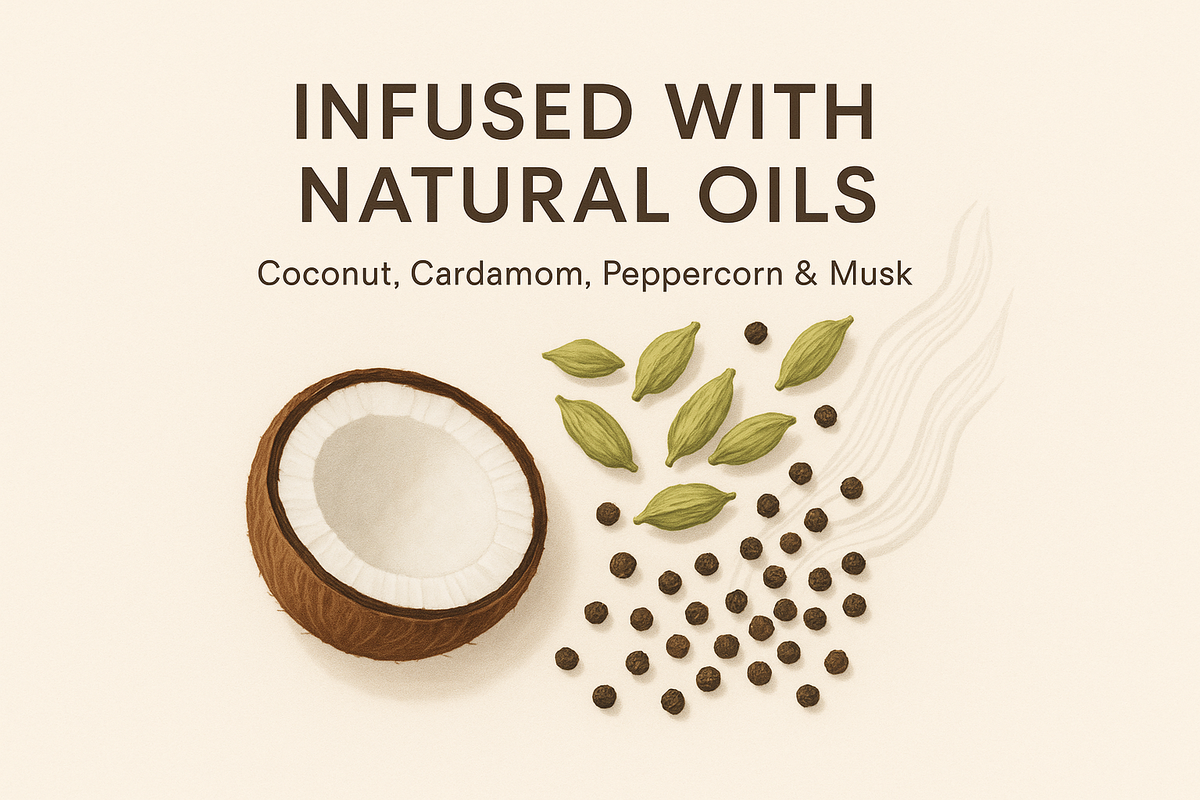“Flat lay design with small illustrations: coconut, cardamom pods, peppercorns, and soft musk notes represented by abstract waves. Clean background in warm cream. Overlay heading text: ‘Infused with Natural Oils’. Subtext: ‘Coconut, Cardamom, Peppercorn & Musk’ in clean typography. Modern, organic vibe.”