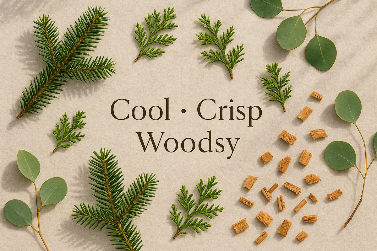 "Flat lay of fir tree branches, balsam sprigs, eucalyptus leaves, and cedarwood chips on linen with soft natural light. Text overlay: ‘Cool • Crisp • Woodsy.’ Elegant serif font."