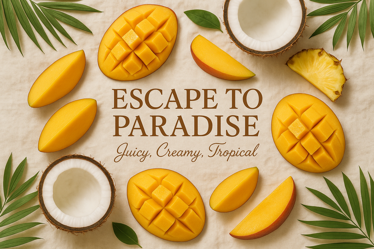 "Flat lay styled with ripe mango slices, halved coconuts, and a touch of pineapple arranged on a cream linen cloth. Gentle tropical leaves around edges. Text overlay: ‘Escape to Paradise – Juicy, Creamy, Tropical.’ Fonts elegant, earthy brown."