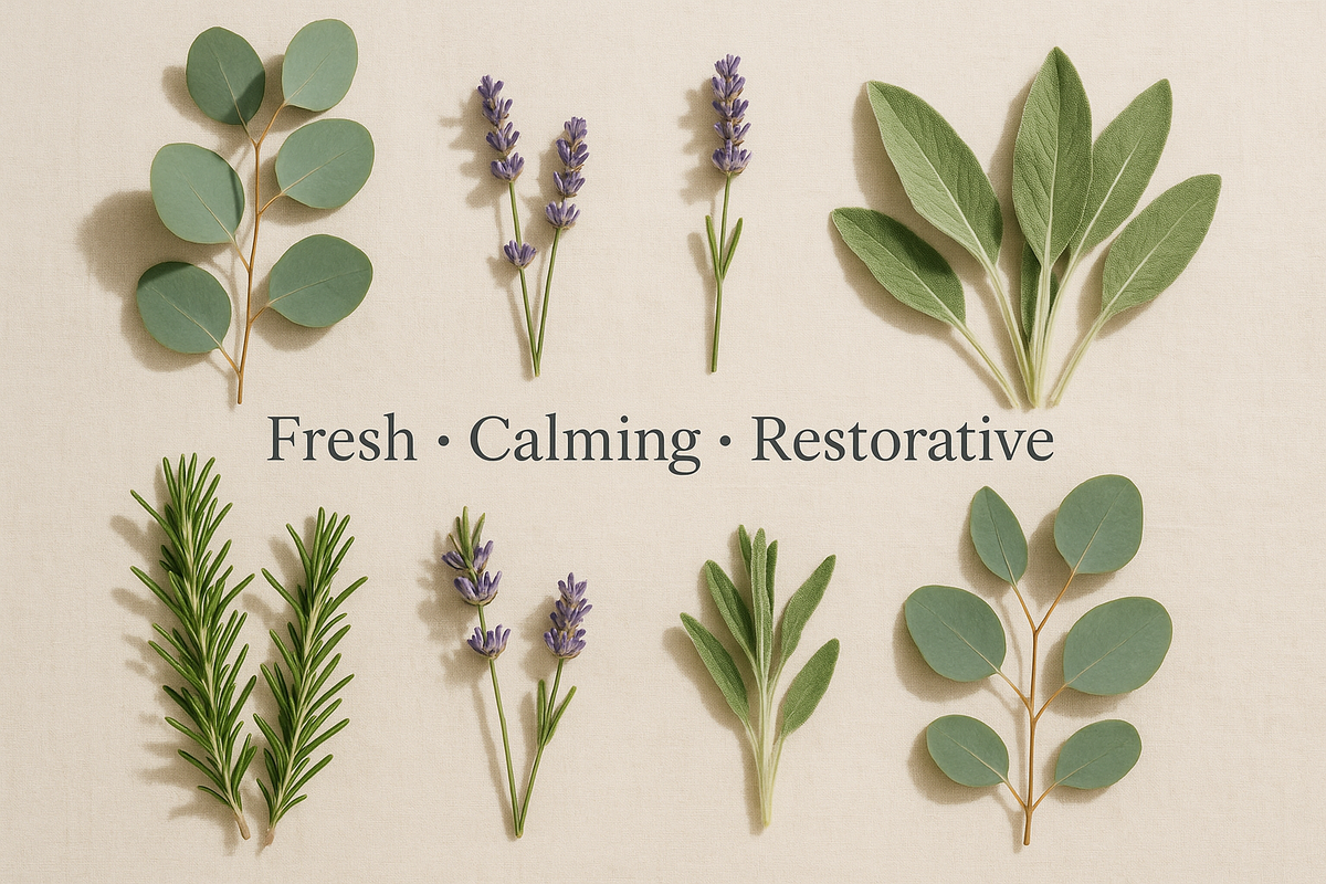 
"Flat lay with eucalyptus branches, lavender sprigs, and earthy herbs (like rosemary or sage) arranged neatly on soft cream linen. Text overlay: ‘Fresh • Calming • Restorative.’ Elegant serif font."
