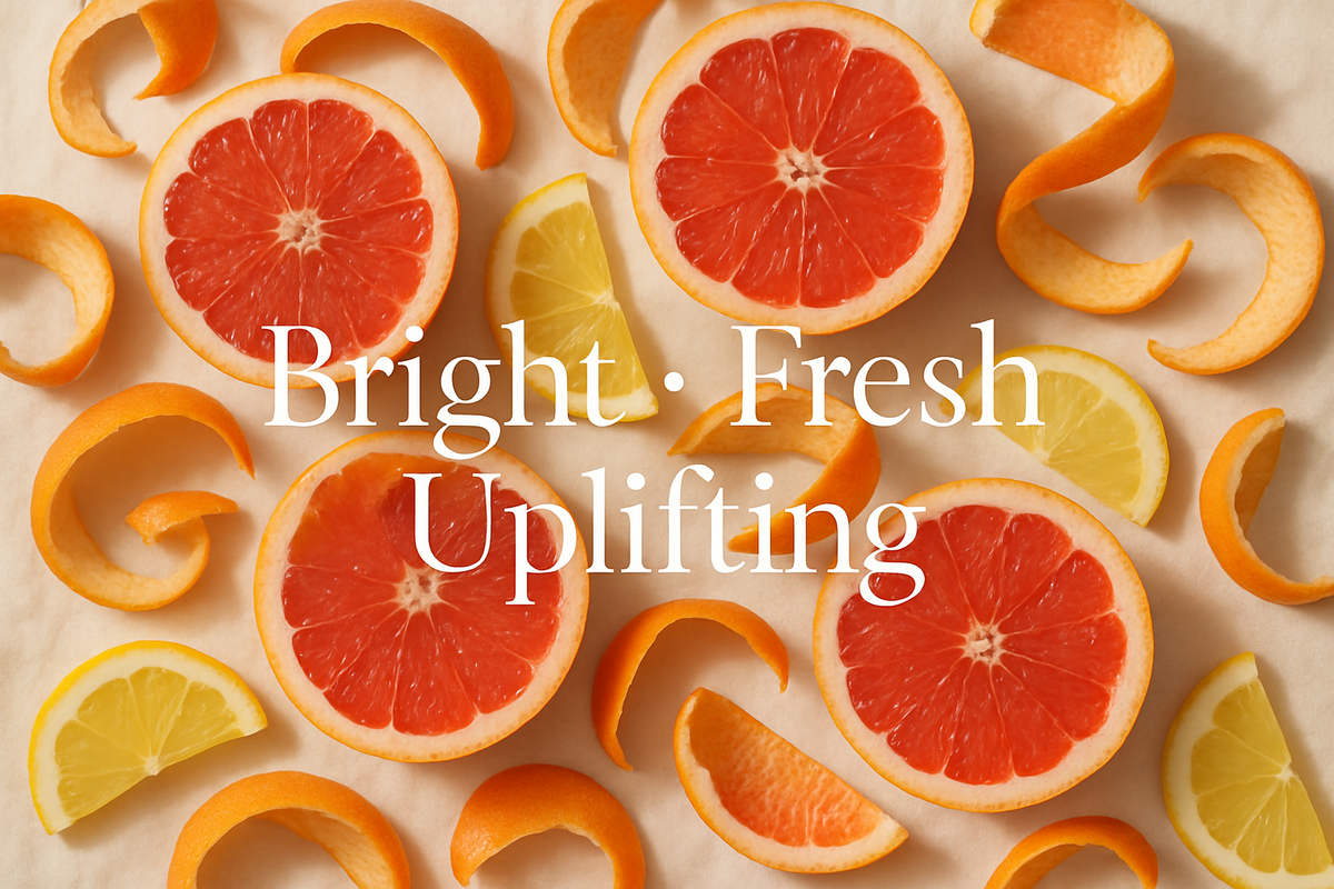 "Flat lay with halved pink grapefruits, grapefruit peels, and slices of citron on a clean cream fabric. Fresh water droplets on fruit for vibrance. Text overlay: ‘Bright • Fresh • Uplifting.’ Elegant serif font."