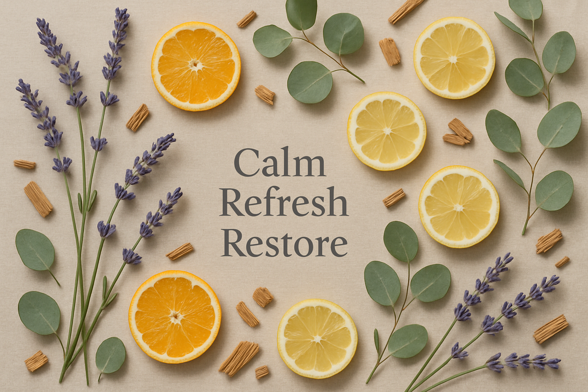 "Flat lay with lavender sprigs, sliced citrus, eucalyptus leaves, and cedarwood chips on neutral fabric. Text overlay: ‘Calm • Refresh • Restore.’ Elegant serif font."
