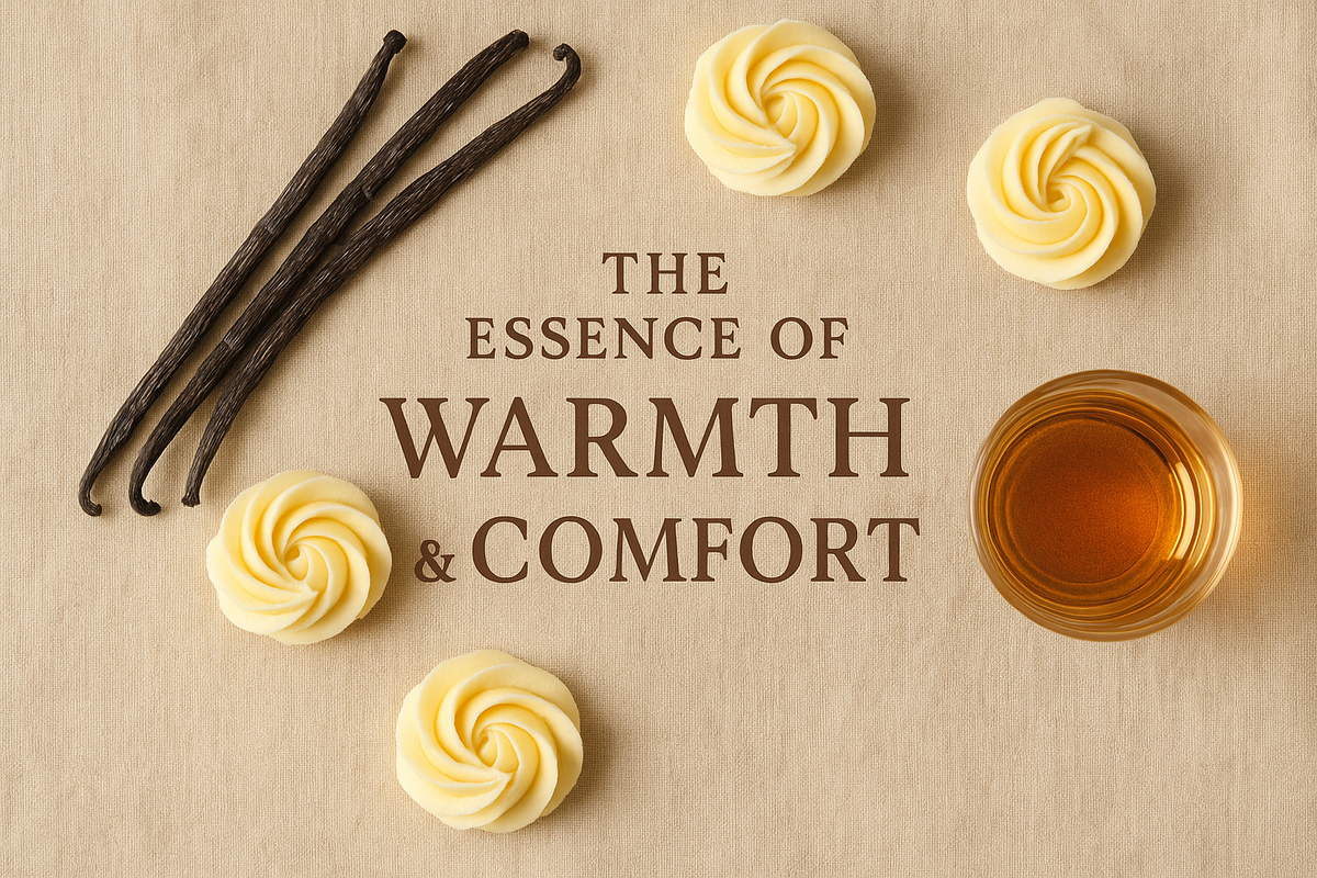 "Flat lay with vanilla beans, soft buttercream swirls, and golden bourbon in a glass on warm beige fabric. Text overlay: ‘The Essence of Warmth & Comfort.’ Earthy brown font."