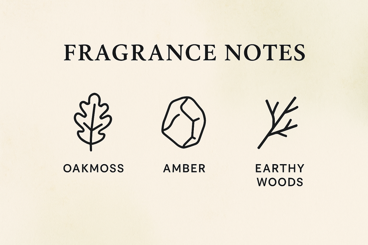 
"Infographic-style layout on cream background with faint amber-green wash. Icons with labels: ‘Oakmoss,’ ‘Amber,’ ‘Earthy Woods.’ Header: ‘Fragrance Notes’ in bold serif font. Minimalist nature icons (leaves, resin, twigs)."
