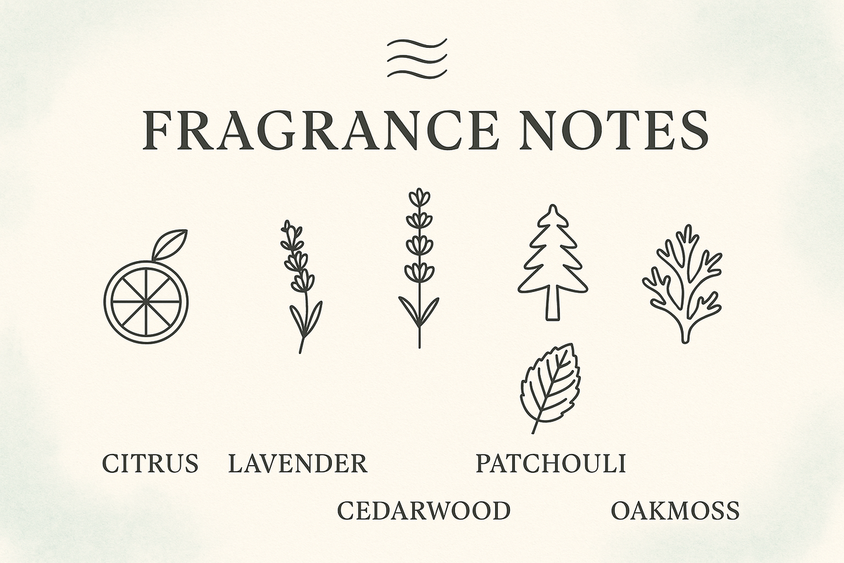 "Infographic-style layout on cream background with faint aqua wash. Icons with labels: ‘Citrus,’ ‘Lavender,’ ‘Cedarwood,’ ‘Patchouli,’ ‘Oakmoss.’ Header: ‘Fragrance Notes’ in bold serif font. Minimalist wave or botanical icons."