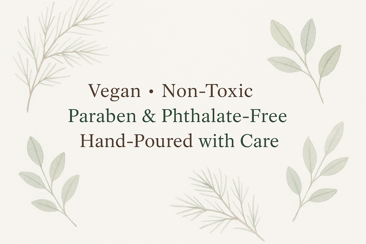 "Minimal eco-focused design. Subtle botanical illustrations (pine branches, leaves). Text overlay: 'Vegan • Non-Toxic • Paraben & Phthalate-Free • Hand-Poured with Care.' Elegant typography in dark brown and green over light background. Clean, premium aesthetic."