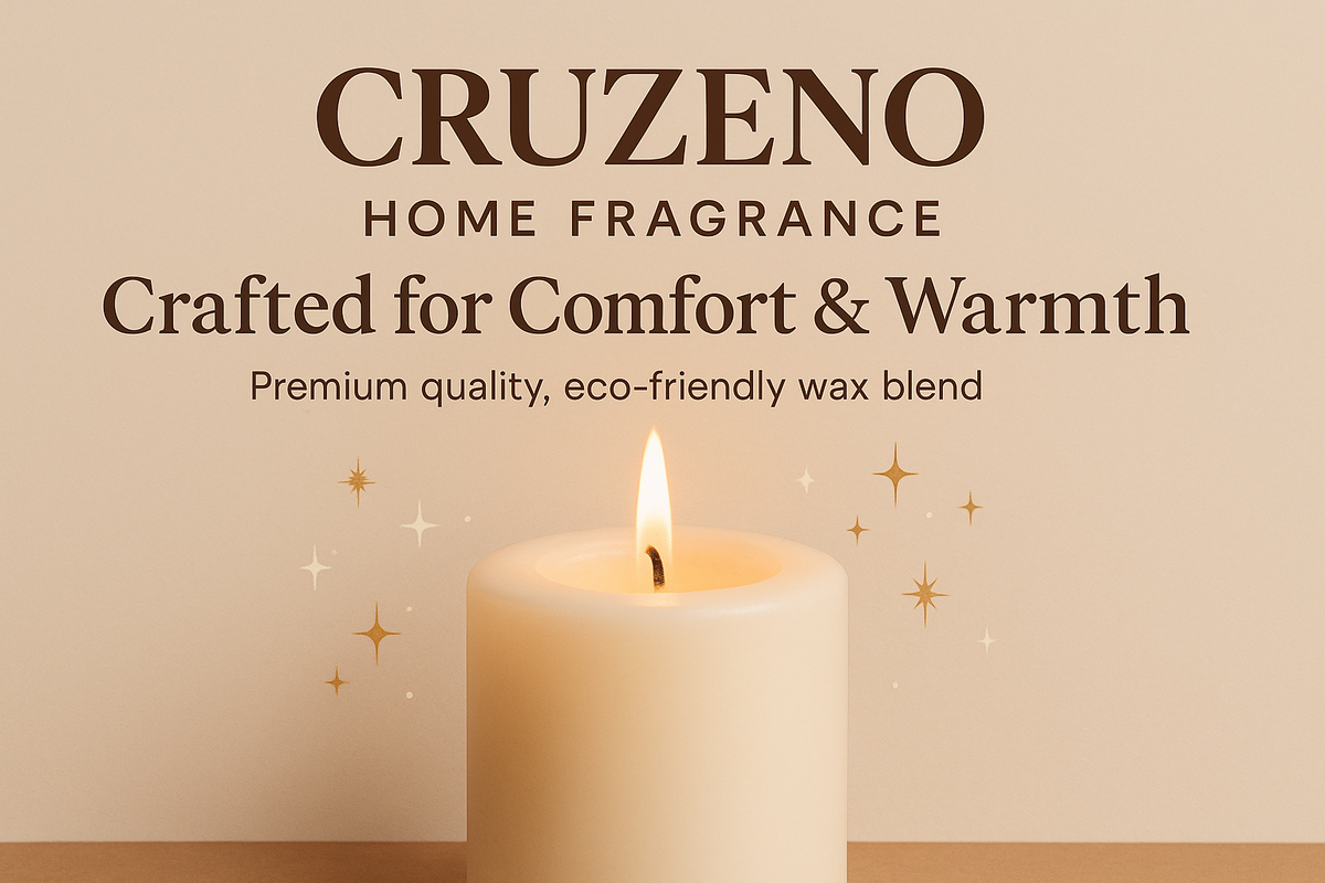 “Minimal flat background, showcasing the candle with subtle holiday sparkles around it. Text overlay: ‘Cruzeno Home Fragrance – Crafted for Comfort & Warmth’ in bold serif, deep brown (#4A352D). Subtext: ‘Premium quality, eco-friendly wax blend’ in smaller clean sans-serif.”