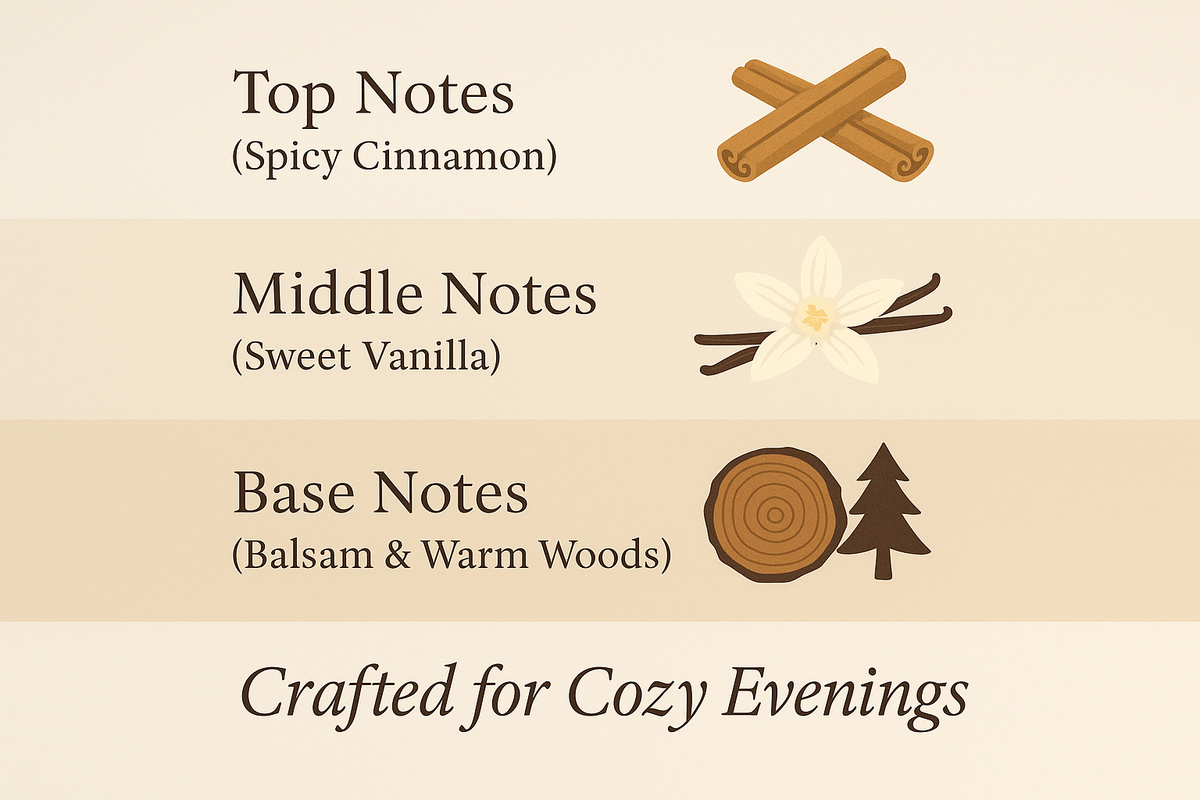 “Premium infographic-style design with three layers: Top Notes (Spicy Cinnamon), Middle Notes (Sweet Vanilla), Base Notes (Balsam & Warm Woods). Soft gradient cream background, elegant typography, icons representing spice, vanilla, and wood. Space for text overlay ‘Crafted for Cozy Evenings’.”