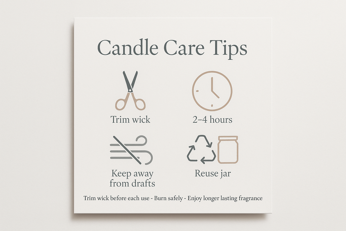Prompt: Minimal flat-lay design showing a candle care guide with icons (trim wick, burn 2–4 hrs, keep away from drafts, reuse jar). Overlay text:
“Candle Care Tips”
Subtext: “Trim wick before each use · Burn safely · Enjoy longer lasting fragrance.”