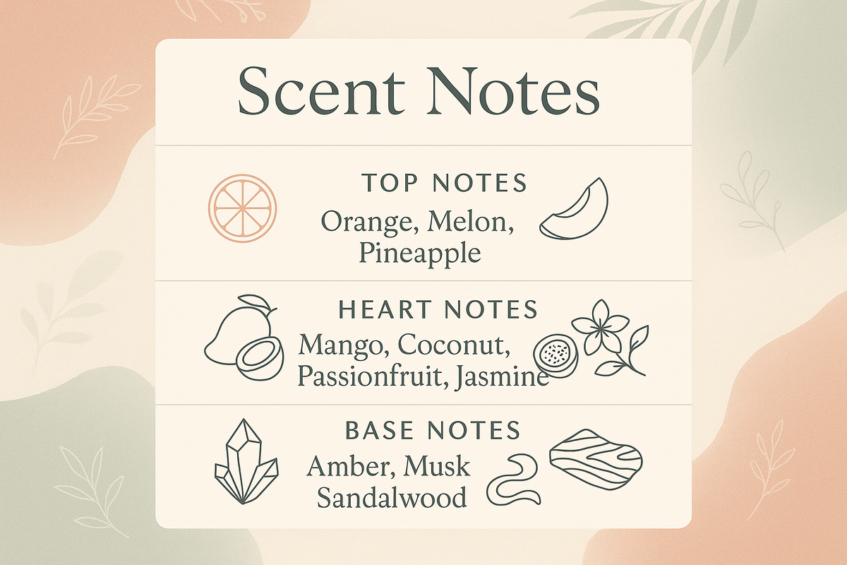 “Rectangular fragrance infographic with icons or subtle illustrations of fruit and botanicals. Header: ‘Scent Notes’.
Top Notes: Orange, Melon, Pineapple
Heart Notes: Mango, Coconut, Passionfruit, Jasmine
Base Notes: Amber, Musk, Sandalwood
Soft tropical background in muted tones, modern clean typography, elegant spacing.”