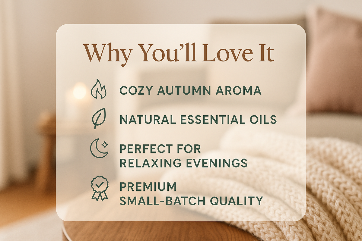 Rectangular lifestyle-inspired infographic with soft background showing blurred home setting. Overlaid clean text block with heading “Why You’ll Love It” in earthy brown. Subpoints in pine green with icons: “Cozy Autumn Aroma,” “Natural Essential Oils,” “Perfect for Relaxing Evenings,” “Premium Small-Batch Quality.” Design in line with luxury fragrance ads.