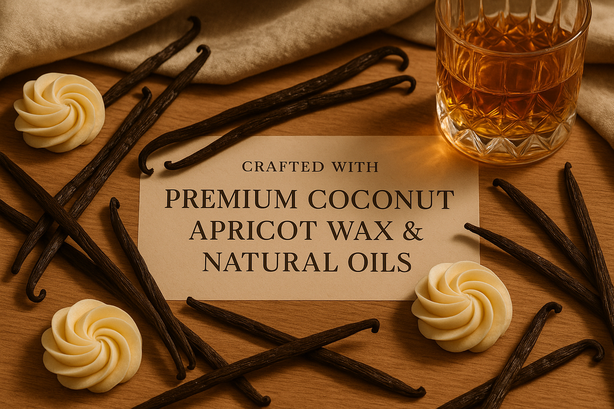 "Styled image of whole vanilla beans, buttercream swirls, and golden bourbon with a luxe but natural setup. Text overlay: ‘Crafted with Premium Coconut Apricot Wax & Natural Oils.’ Muted cream and brown tones."