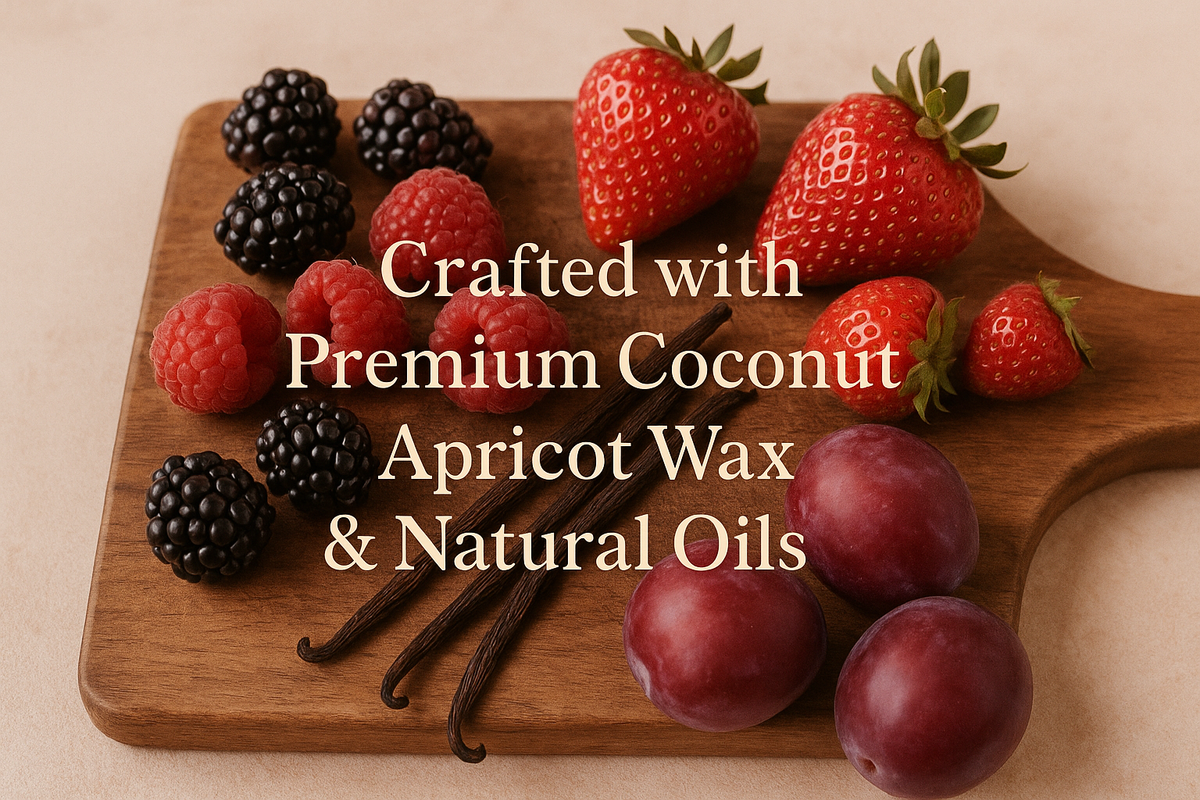 "Styled photo of blackberries, raspberries, strawberries, ripe plums, and vanilla pods on a rustic cutting board. Text overlay: ‘Crafted with Premium Coconut Apricot Wax & Natural Oils.’ Soft berry and cream tones."