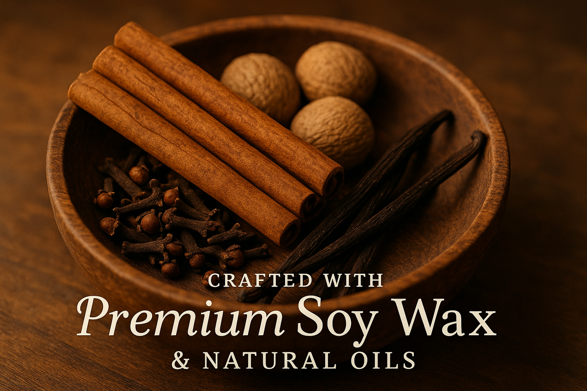 "Styled photo of cinnamon sticks, whole nutmeg, clove buds, and vanilla pods displayed in a rustic wooden bowl. Text overlay: ‘Crafted with Premium Soy Wax & Natural Oils.’ Warm earthy tones."