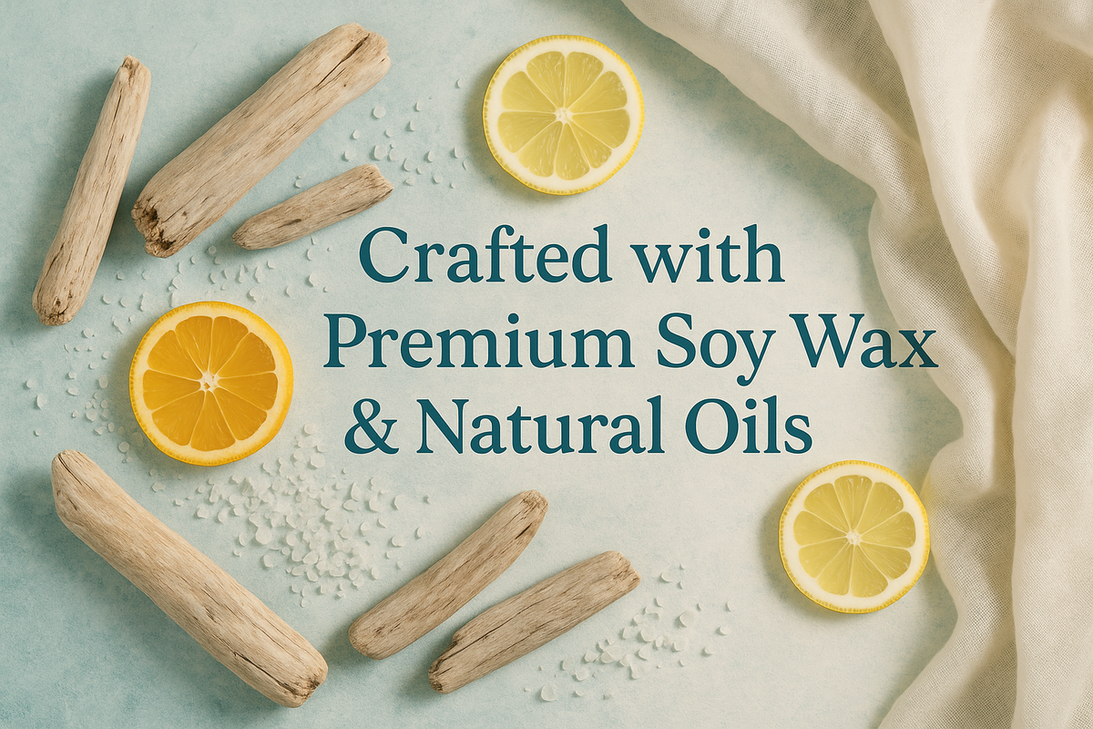 "Styled photo of driftwood pieces, citrus slices, sea salt, and airy linen cloth. Text overlay: ‘Crafted with Premium Soy Wax & Natural Oils.’ Cool coastal tones of aqua and cream."